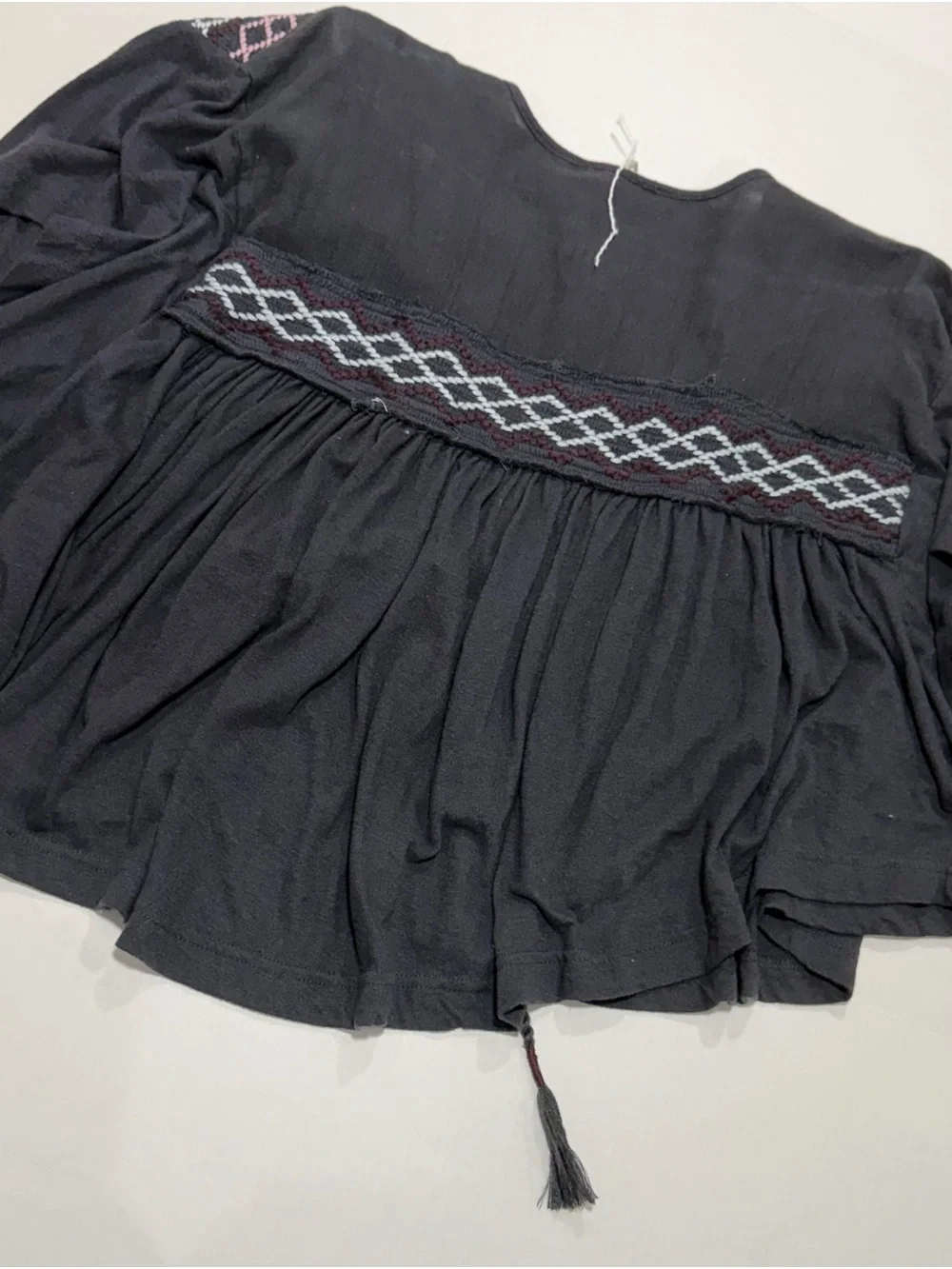 Black Embroidered Boho Peasant Top with Pink & Light Blue Accents